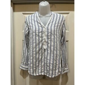 Workshop Republic V-neck Long Sleeve Top - Size PM- blue/white striped